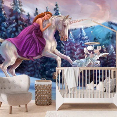 Fototapet Modern 3D - Dormitor si Living, Unicorn si Prințesă Premier Decor