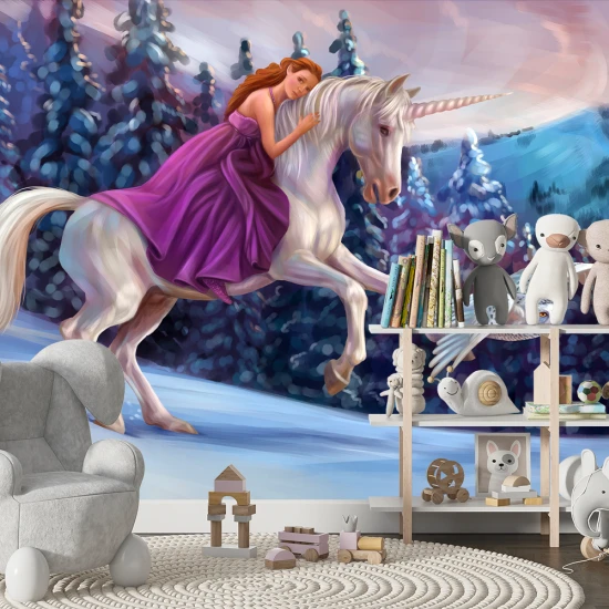 Fototapet Modern 3D - Dormitor si Living, Unicorn si Prințesă