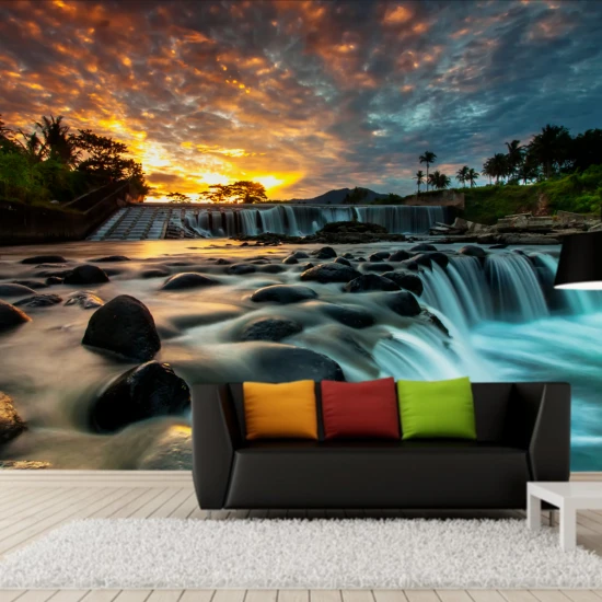 Fototapet fara imbinari Sunset Waterfall