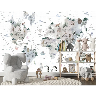 Fototapet personalizat fara imbinari pentru copii Harta Lumii Premier Decor