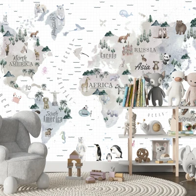 Fototapet personalizat fara imbinari pentru copii Harta Lumii Premier Decor