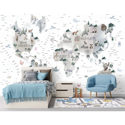 Fototapet personalizat fara imbinari pentru copii Harta Lumii Premier Decor