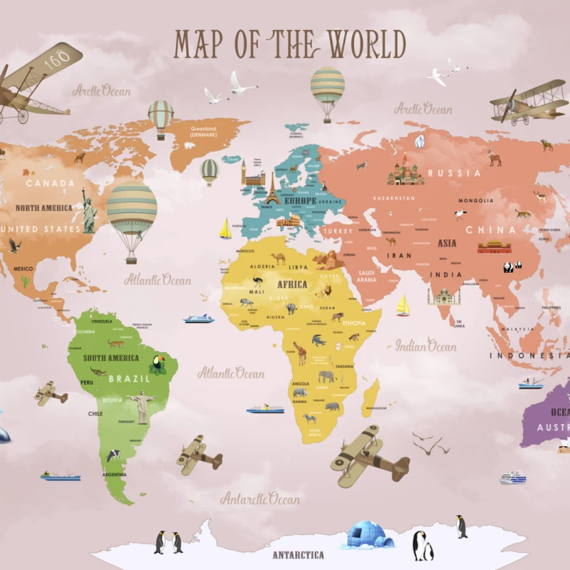 Fototapet fara imbinari Pink World Map