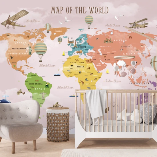 Fototapet fara imbinari Pink World Map