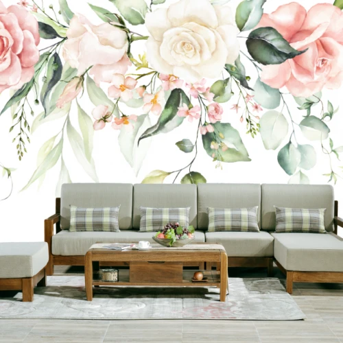 Fototapet fara imbinari Watercolor Roses - Living si Dormitor