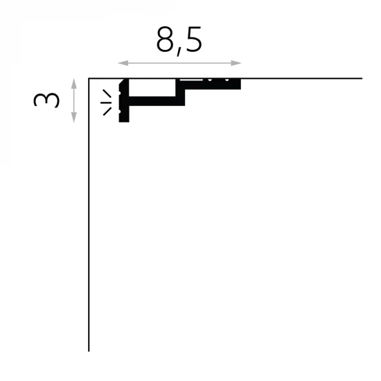 Cornisa tavan QL024 polimer rigid 3 x 8.5 x 200 cm compatibila LED, minimalista, alb vopsibil, Mardom Decor