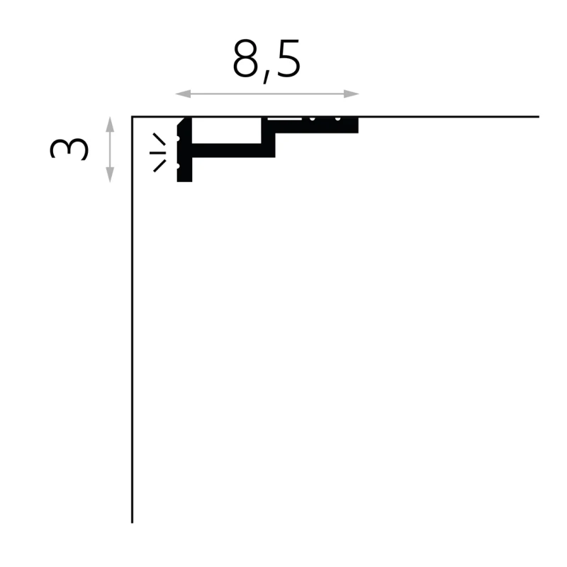 Cornisa tavan QL024 polimer rigid 3 x 8.5 x 200 cm compatibila LED, minimalista, alb vopsibil, Mardom Decor