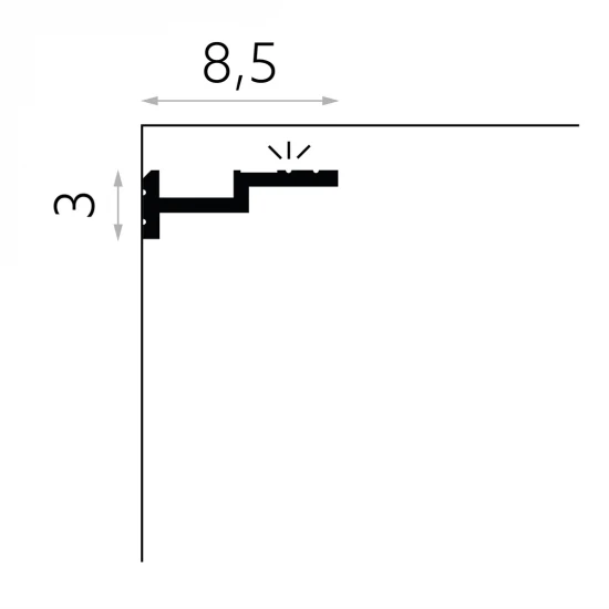 Cornisa tavan QL024 polimer rigid 3 x 8.5 x 200 cm compatibila LED, minimalista, alb vopsibil, Mardom Decor